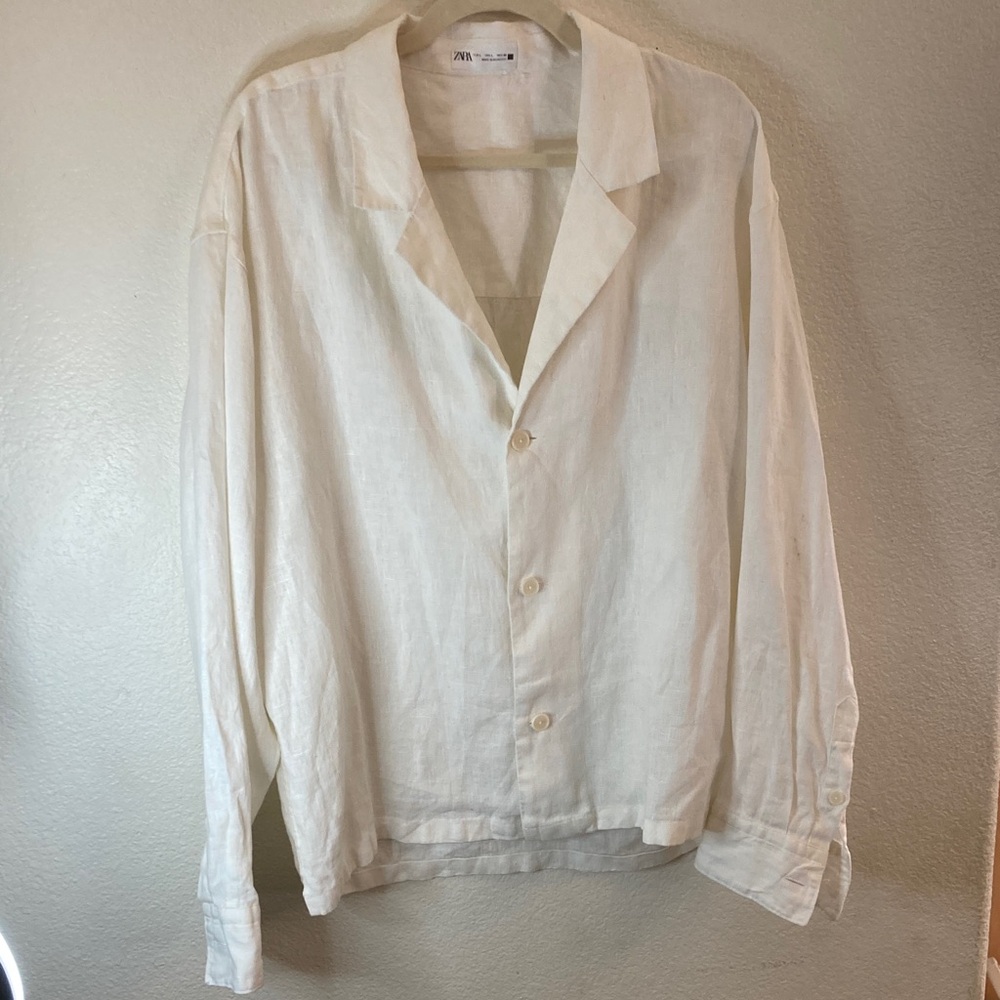 Zara women Cream Linen Shirt Jacket oversized lagenlook boho 100% linen large